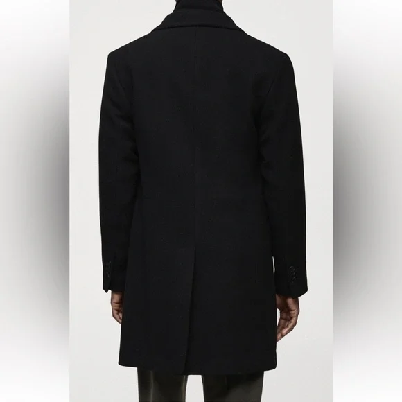 Mango Men's Black Wool Blend Button Down Mid Length Coat Size Medium